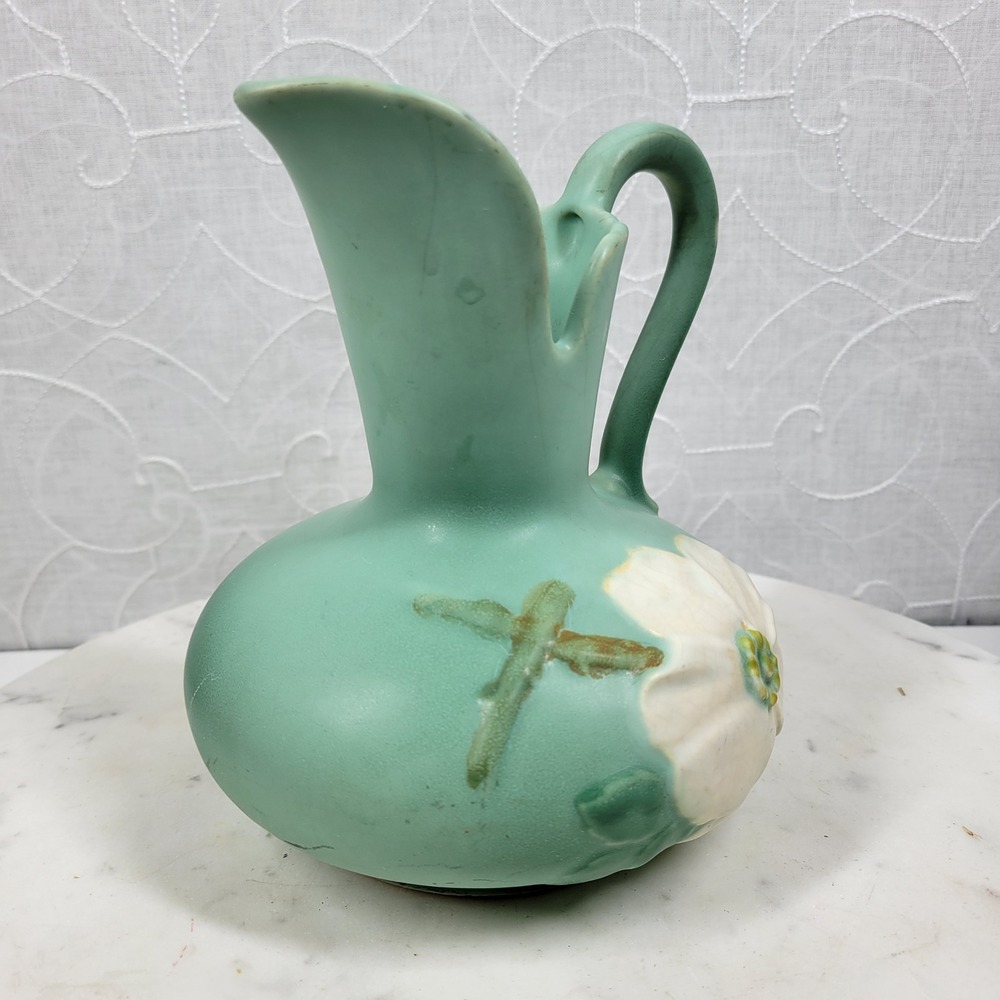 Vintage 1930s Weller Pottery Dogwood Pitcher Vase Aqua Blue Floral Art Deco - Picture 13 of 16